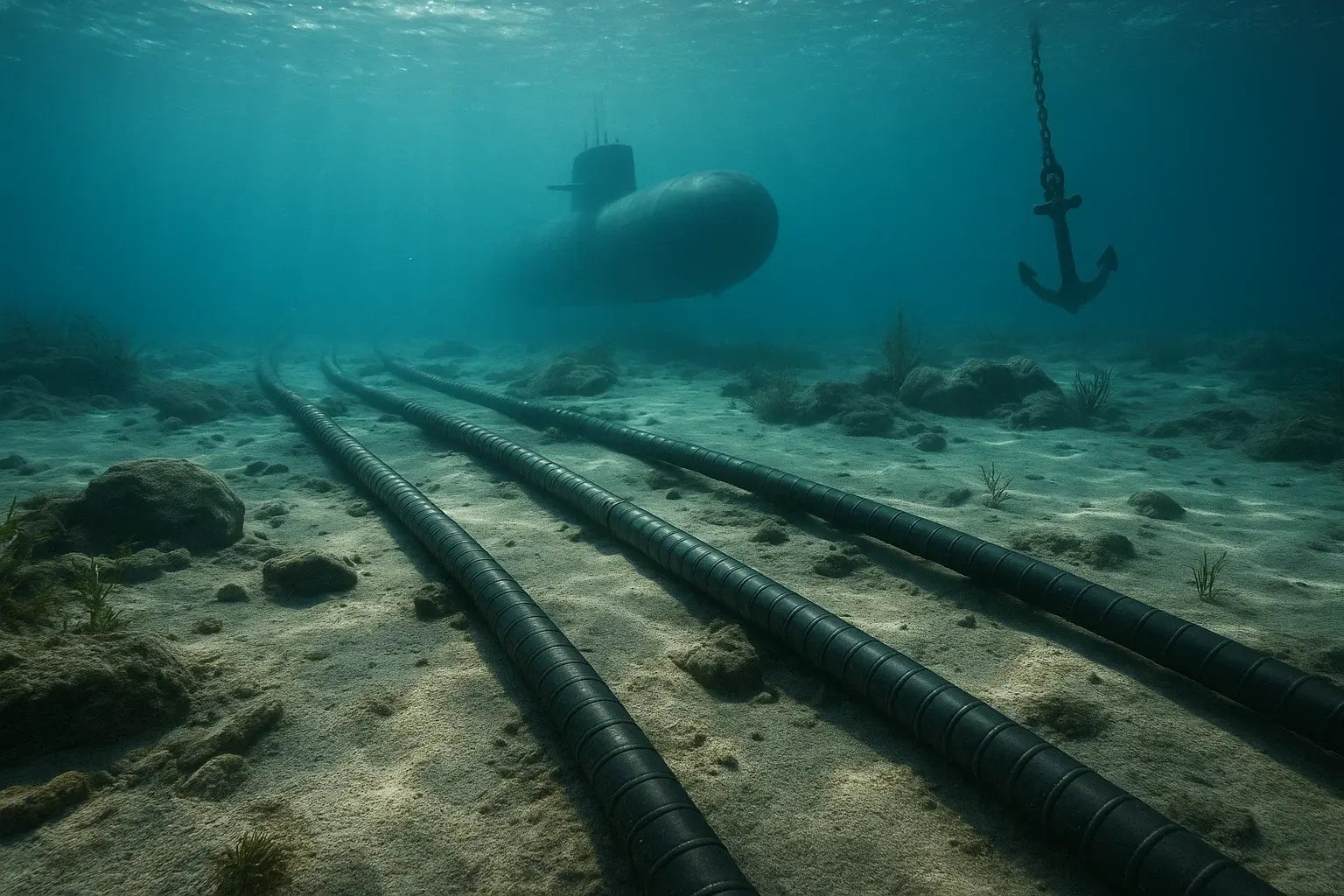 underwater cables and a submarine